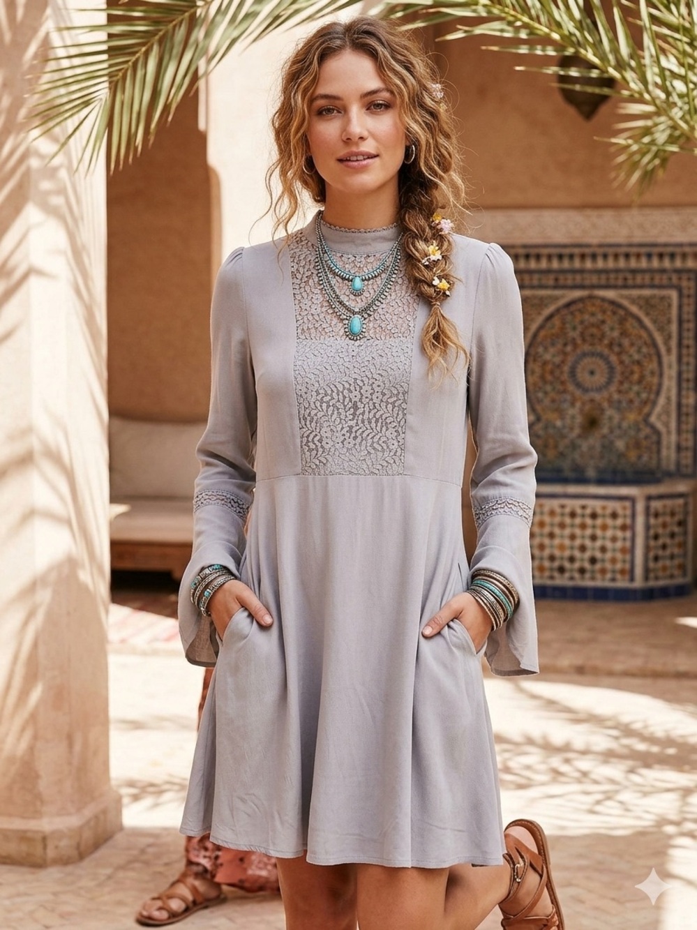 EUC Women’s Andree by Unit Lace-Panel Long-Sleeve Mini Dress - Light Gray